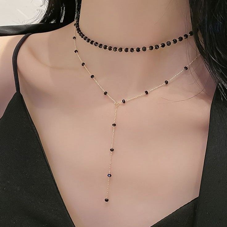 Minimalist Layered Black Bead Choker and Y-Lariat Necklace Set