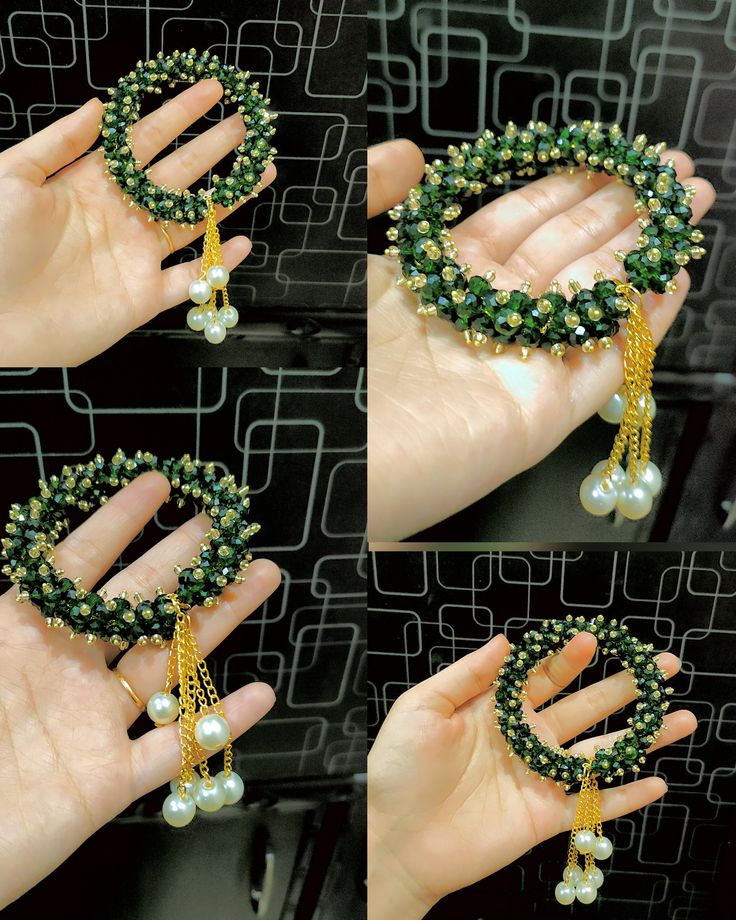Emerald Green Crystal Gajra Bracelet with Pearl Tassels