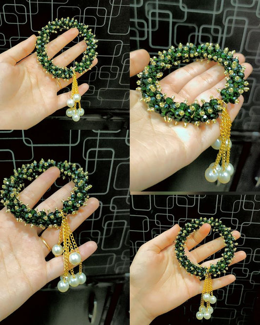 Emerald Green Crystal Gajra Bracelet with Pearl Tassels