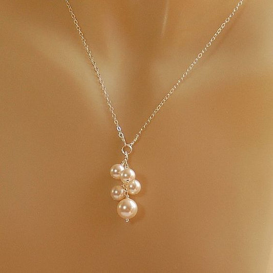 Dainty Silver Chain Necklace with Cascading Pearl Cluster Pendant
